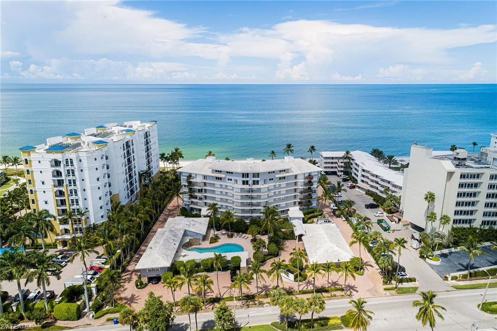Drone view of La Tour Rivage condos in Moorings in Naples, FL