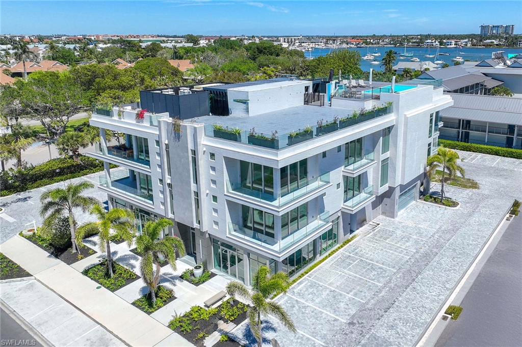Drone photo of the condos at Nautilus Naples in Olde Naples