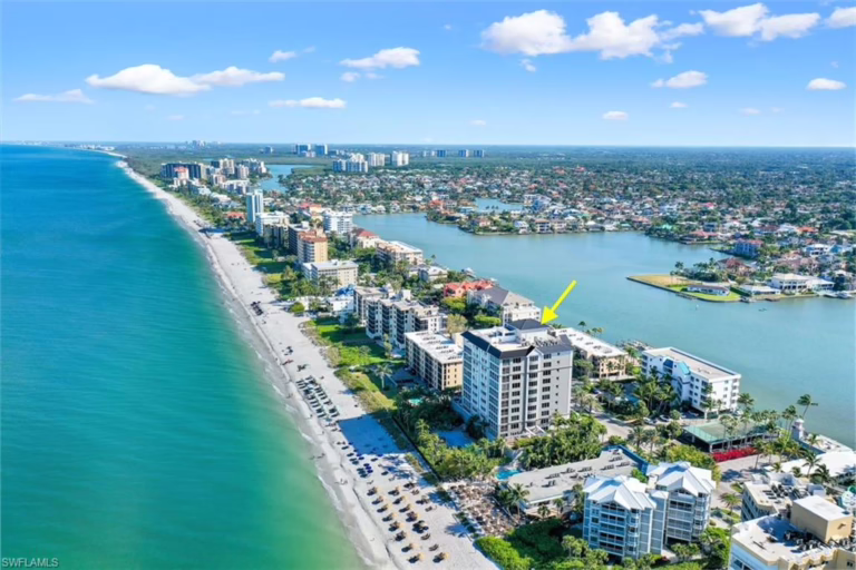Drone photo of The Vanderbilt condominiums in Naples, Florida